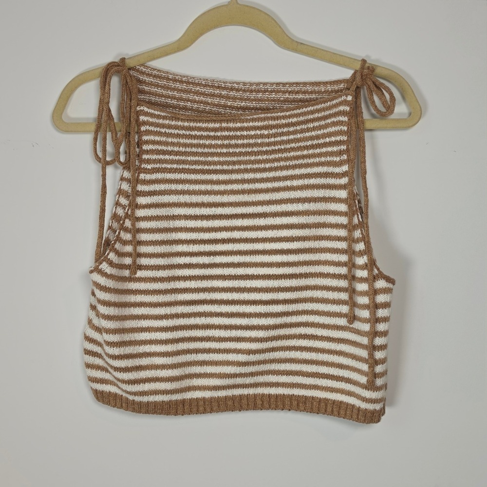 Free People Striped Knit Tank Top Tan White Tie Shoulder Sleeveless Small - Picture 2 of 7